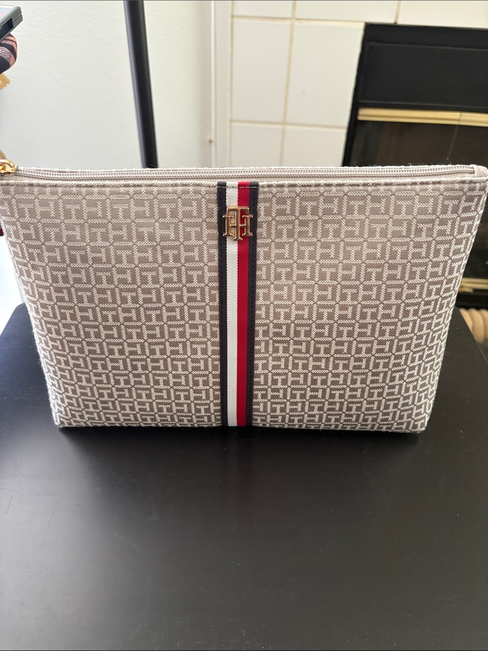 Tommy Hilfiger Beige Monogram Toiletry Pouch with Signature Stripe